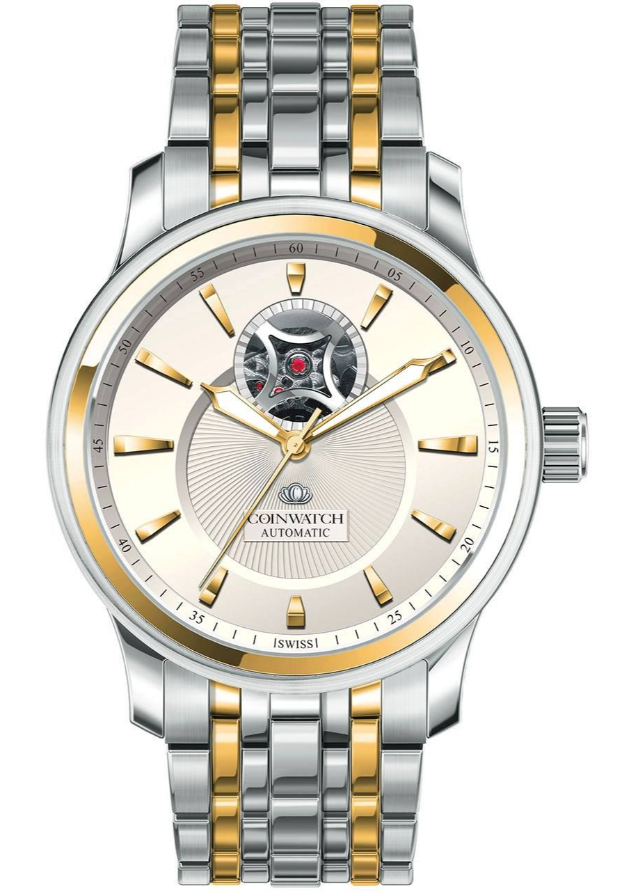 ساعت مچی مردانه کوین واچ-Coinwatch ساعت مچی عقربه ای مردانه مدل C143TCM - صفحه بژ با طراحی صفحه باز