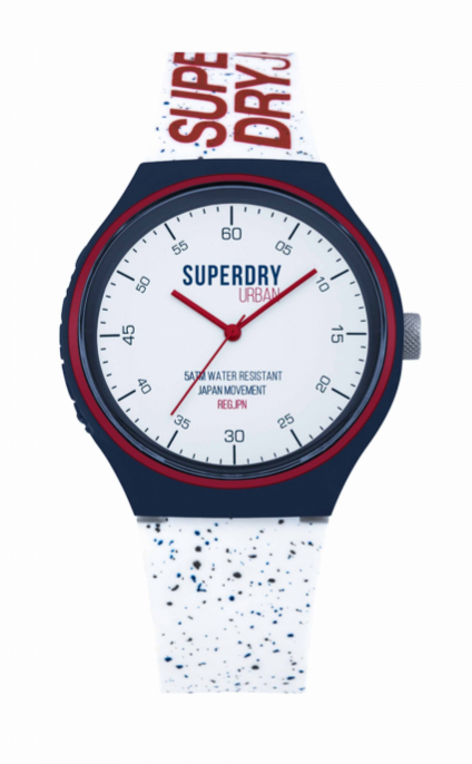 ساعت مچی اسپورت سوپردرای-Superdry  ساعت مچی مدلSYG227W-بند رابر سیلیکون سفید سرمه‌ای باصفحه گردسفید