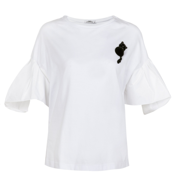 تی شرت و پولوشرت سرژه-Serge تیشرت آستین پروانه‌ای زنانه - سفید با تکه دوزی برجسته گربه مشکی