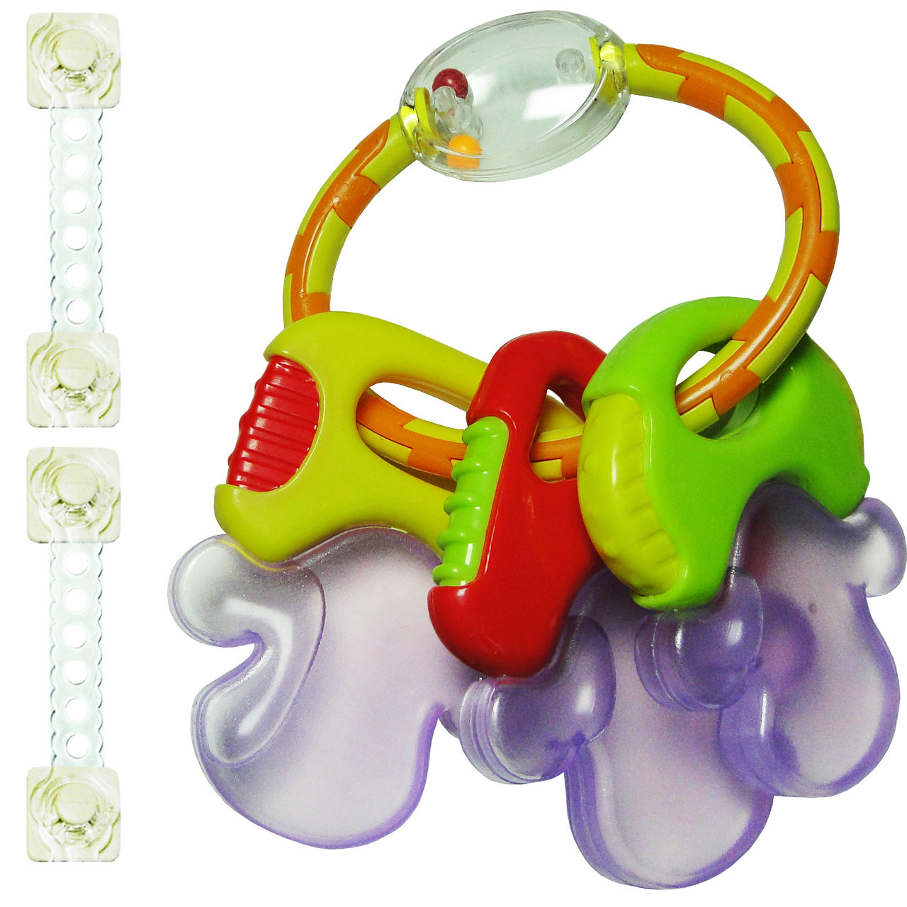 دندان گیر نوزاد- کودک -لوازم نوزاد دندان گیر و جغجغه مدل Toys Wordهمراه2عدد قفل کابینت مدل ایمن ساز