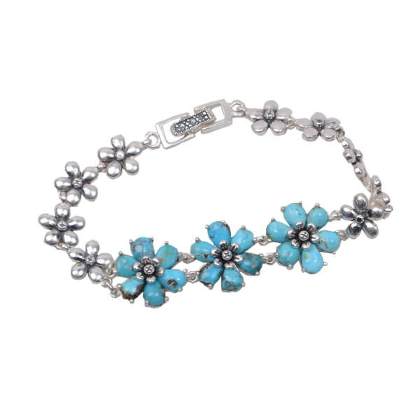 دستبند نقره برند نامشخص-- دستبند نقره زنانه کد DZ118 - نقره ای آبی - طرح گل